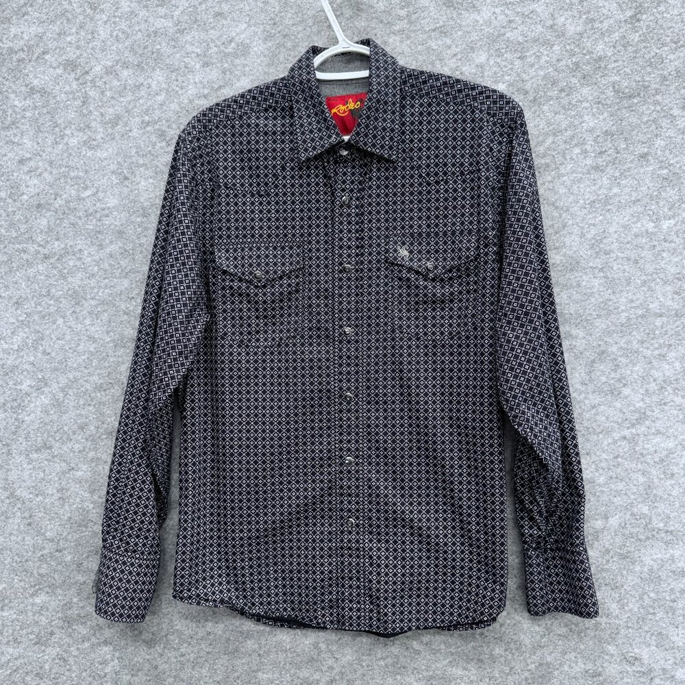 Rodeo Clothing Co. Men's Western Shirt M, Snap Button 100% Cotton, Black Silver
